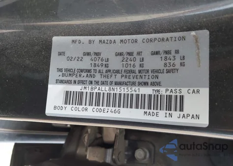 2022 Mazda Mazda3 Preferred z USA, uszkodzony, nr VIN JM1BPALL8N1515541